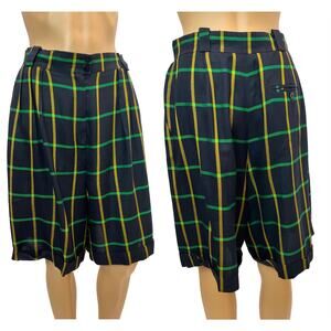 90s Blue & Green Windowpane Walking Shorts | Academia Pleated W 28 - 29"